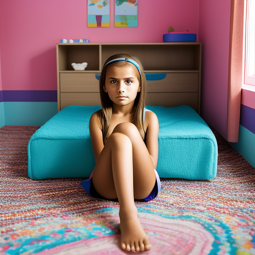 Ultra realistically a 10 year old girl with a spread legs sits in the children's room on the bed detailed in custom style
