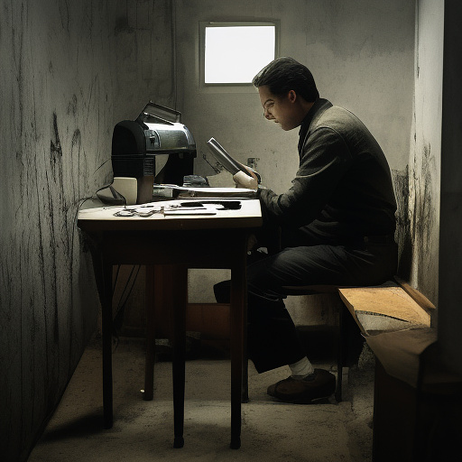 In a dark room, there is a telephone and a gun on the table. a man is sitting on a chair, and he is dead. in custom style