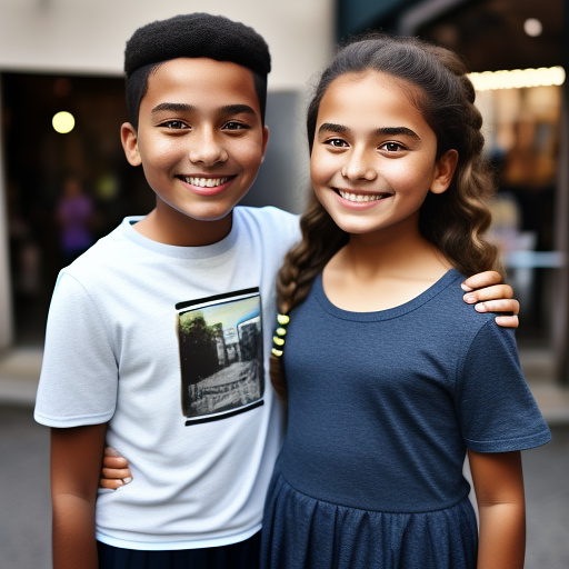 A 11-year-old girl taking a selfie with her 11-year-old boyfriend, smiling naturally, casual outfits, bright daytime lighting, candid smartphone photo, realistic style. in custom style