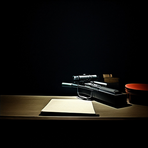 In a dark room, there is a telephone and a gun on the table. a man is sitting on a chair, and he is dead. in custom style