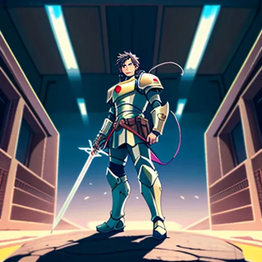 Man in armor with sword in hand, standing by a spaceship
 in anime style