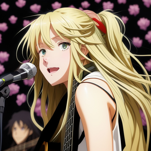 An attractive singer playing his guitar in a concert, long blond hair, light green eyes, amazing expression on his face, audience throws black roses in anime style