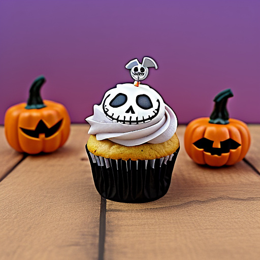 Jack skellington chibi toy offering sally a pumpkin cupcake, dreamy halloween pastel vibe. in custom style