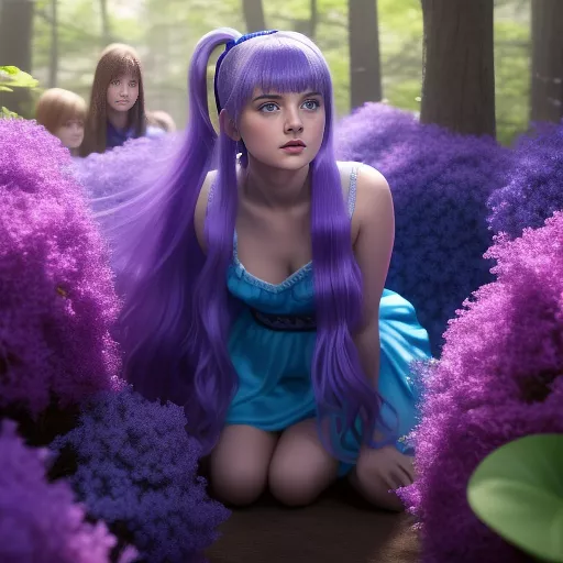 Real teen girl violet beauregard, played by denise nickerson, swollen into a massive 12 foot round blueberry. she has blue skin, beautiful long hair in a ponytail, and a startled expression on her face. she is wearing a blue dress that is stretched by her expanding body. she is surrounded by a group of people who are staring at her in shock and awe, including willy wonka, charlie bucket, and her mother. in anime style