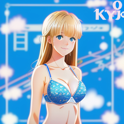 Realiatic image of an 18 year old white blonde girl in blue bra smirking cutely in anime style