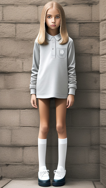 Realistic, detailed 12-year-old, blonde haired girl, full body length, wearing her rubber shoes, with socks, wearing long sleeve shirt only, bottomless, knees tight, pale skin, in custom style
