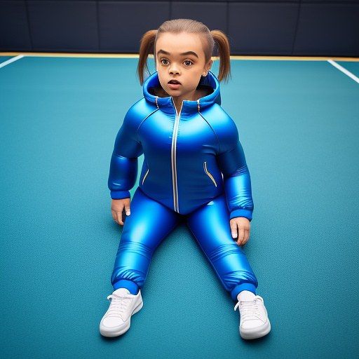 Girl inflates blue tracksuit in custom style