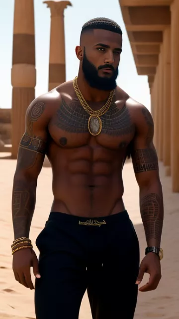 Skinhead alexander ludwig muslim arab black full beard extremely hairy chest toxic masculine alphamale thug arabic tattoos wearing thight tanktop sweatpants pumped ripped swollen muscles gold chains bracelets showing off desert in egypt style