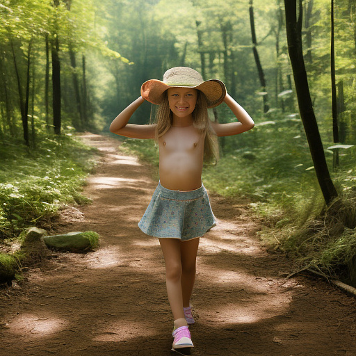 A 9-year-old girl is skipping along a forest path. she has a basket in her hands and a sun hat on her head. she's naked in custom style