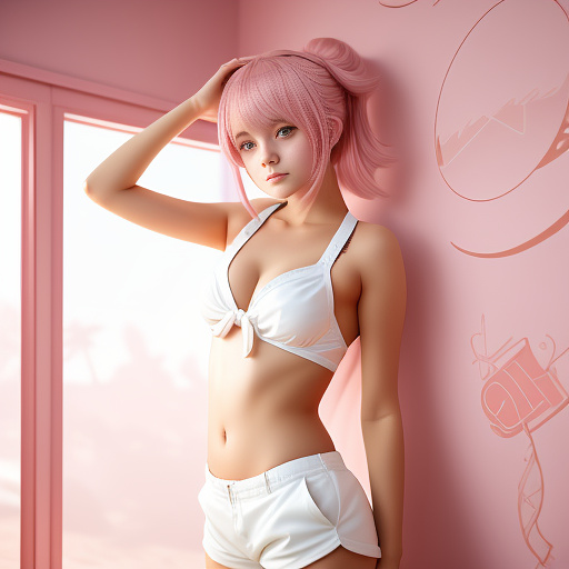 Little young girl in camera, whit shorts pants and swim bra, curbing her body. 
pink hair and her hands up for tie the hair, twin ball hairstile
in a beach

 in anime style