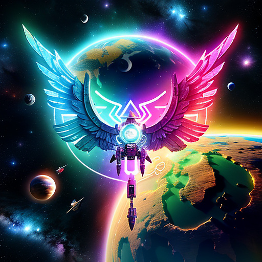 A cheerful transformer flies through space against the backdrop of planets. in angelcore style