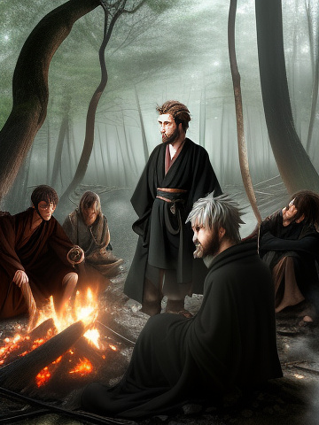 Create a fantasy image set in a dark forest with dead and broken trees and mist. have a sunrise start to break the skyline. include three people in long wizard cloaks.

the first is a handsome well dressed, caucasian man, the second is a warrior looking, caucasian man in furs and the last is a well dressed woman with almond skin. they are looking exhausted and haggard, sitting back to back appearing to look out for danger. include them sitting around a fire looking defeated in anime style