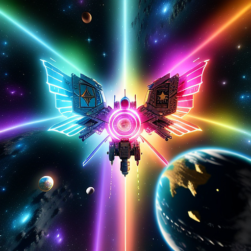 A cheerful transformer flies through space against the backdrop of planets. in angelcore style