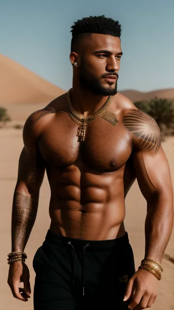 Alexander ludwig muslim arab black full beard extremely hairy chest toxic masculine alphamale thug arabic tattoos wearing thight tanktop sweatpants pumped ripped swollen muscles gold chains bracelets showing off desert in egypt style