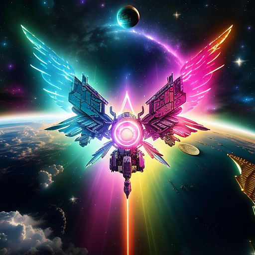 A cheerful transformer flies through space against the backdrop of planets. in angelcore style