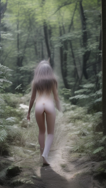 A 9-year-old naked girl is walking through the woods alone. in custom style