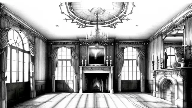 Big room, mansion, interior, haunted, terrifying, realistic


 in pancil style