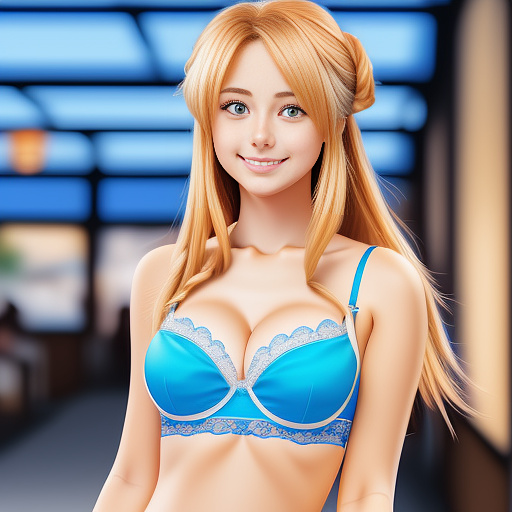 Cute 20 year old girl in blue bra smirking blonde hair in anime style