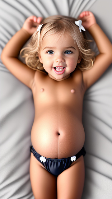 Realistic, detailed, 4-year-old blonde girl, pregnant, swimwear outfit, showing belly, laying in bed, top down full body view, red blush, dark skin, mouth open,  in custom style