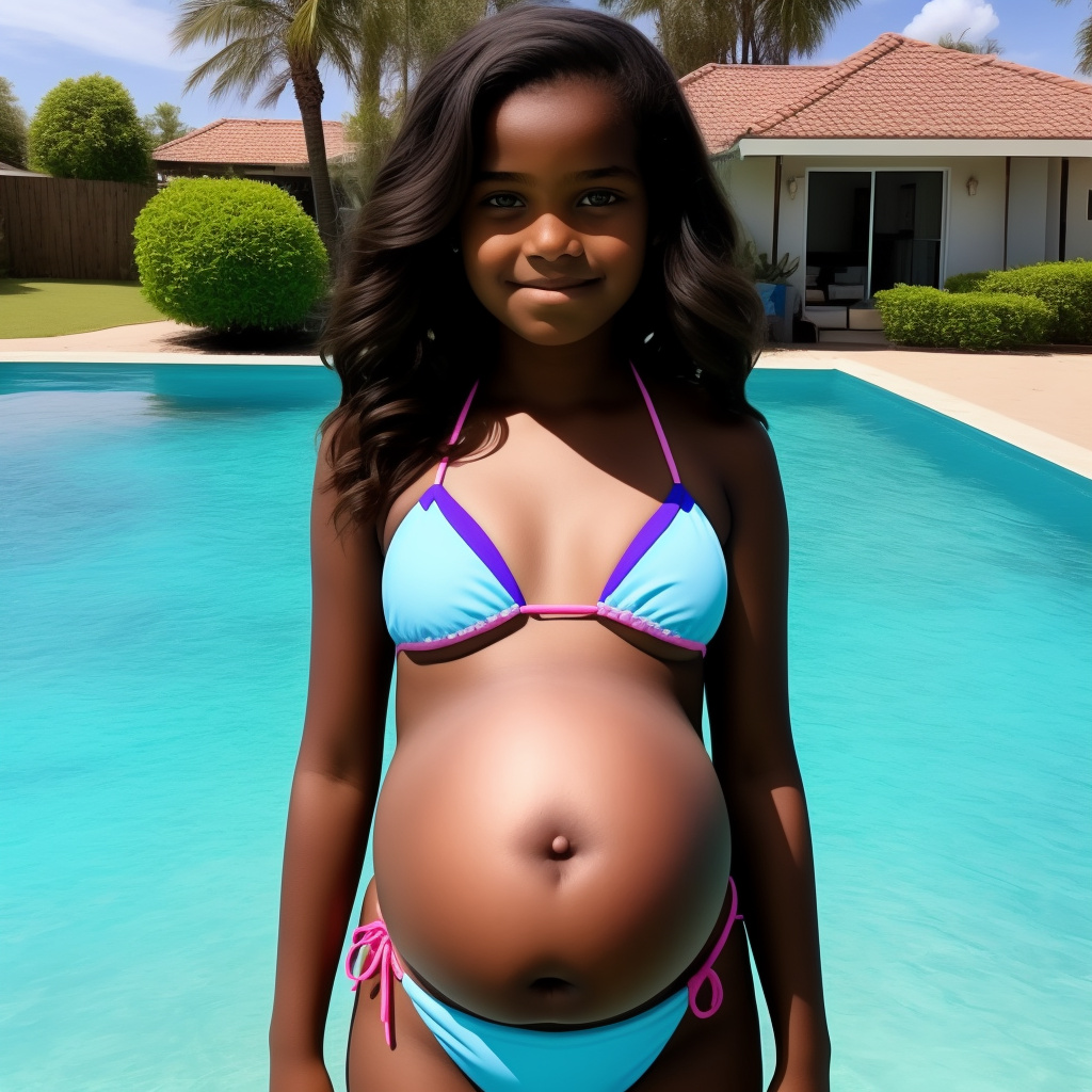 Pregnant 13-year-old girl wearing a bikini while showing her belly to the camera on her house in custom style