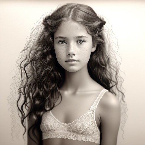 9 to 10 year old girl with a beautiful tan face with freckles like a model long oily messy reddish brown hair small wide neck broad shoulders wide hips long legs wearing lace hipsters undergarments for modeling  in pancil style