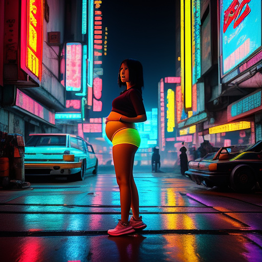 Pregnant asian teen with a big belly standing sideways in cyberpunk style