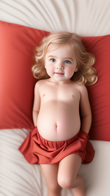 Realistic, detailed, 4-year-old blonde girl, in red peach dress, pregnant, laying in bed, top down full body view, red blush, right hand on belly   in custom style