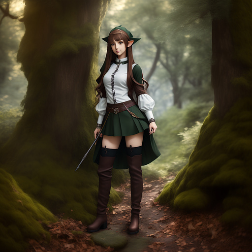 Modest elven fantasy heroine
brown hair
forest ranger
baggy pants
lace up shirt
knee high boots
fantasy guardian in anime style