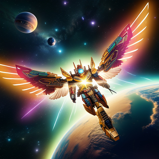 A cheerful transformer flies through space against the backdrop of planets. in angelcore style