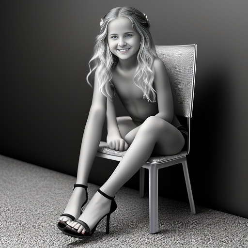 Hyper realistic, colored picture of a totally naked 11yo preteen girl sitting on a bar chair with crossed legs, pantyless, explicit pose, looking straight at viewer, professional photo, black high heels sandals, smiling,
 in bw photo style