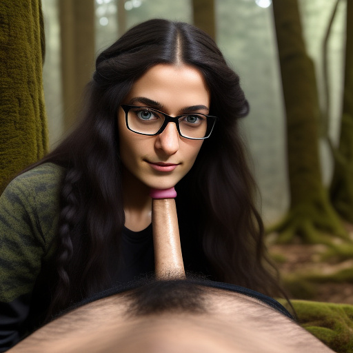 Ultra realistically a 22 year old german girl with a black braid with glasses and brown eyes 1.70 tall thin in the forest is entered by a 40 -year -old man with his penis into her vagina in custom style