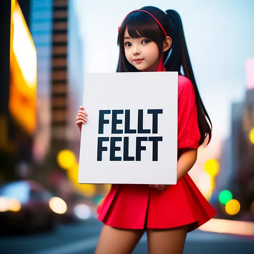 A cute girl is holding a sign with the letters "flti" written on it. in anime style