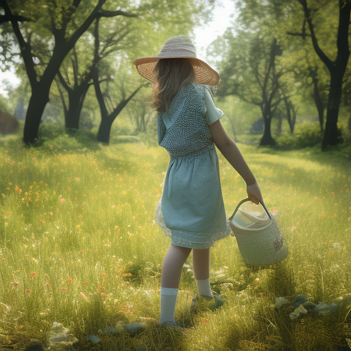 A girl is skipping across a sunny lawn. she has a basket in her hands and a hat on her head. in custom style
