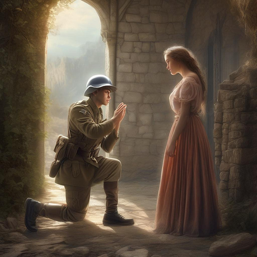 A woman says goodbye to soldier - dramatic - heartfelt
 in fantasy style