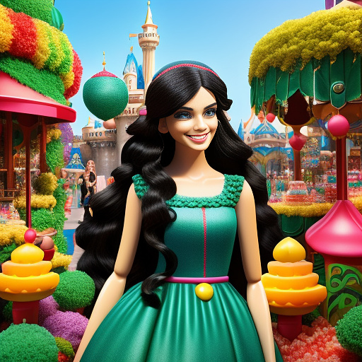 Create beautiful tall girl with black long hair and  blue eyes and green dress in disneyland. in kids painted style