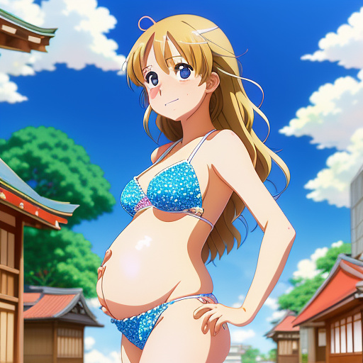 Pregnant 7 years old girl in a small bikini with blond hair and 9 months pregnant ready to burst in anime style