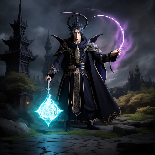 Evil warlock casting a spell with a wand in anime style