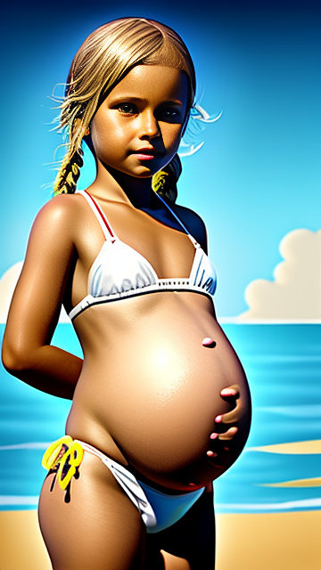 Realistic, detailed, pregnant, 7 years old white boy, yellow bikini, beach, blonde in custom style