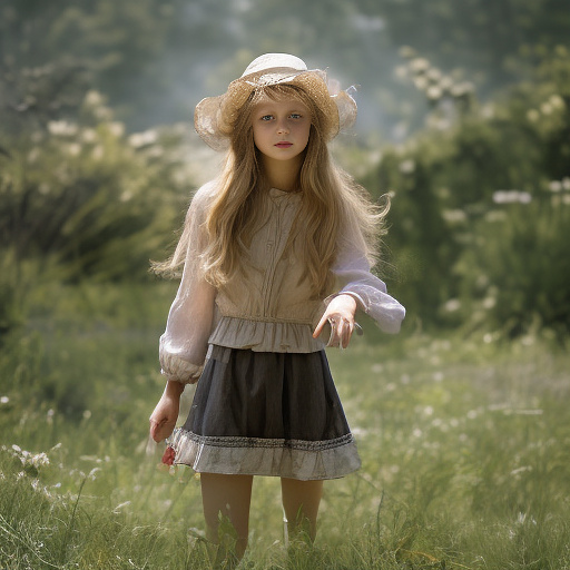 A girl is skipping across a sunny lawn. she has a basket in her hands and a hat on her head. in custom style
