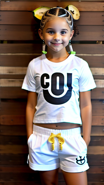 Chop top, white tween girl, large banana-shaped-boobs, t shirt, shorts in custom style