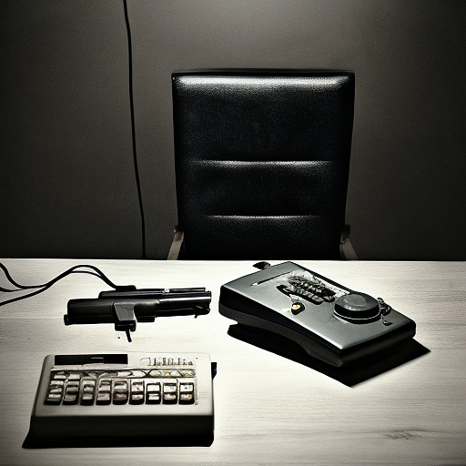 In a dark room, there is a telephone and a gun on the table. a man is sitting on a chair, and he is dead. in custom style
