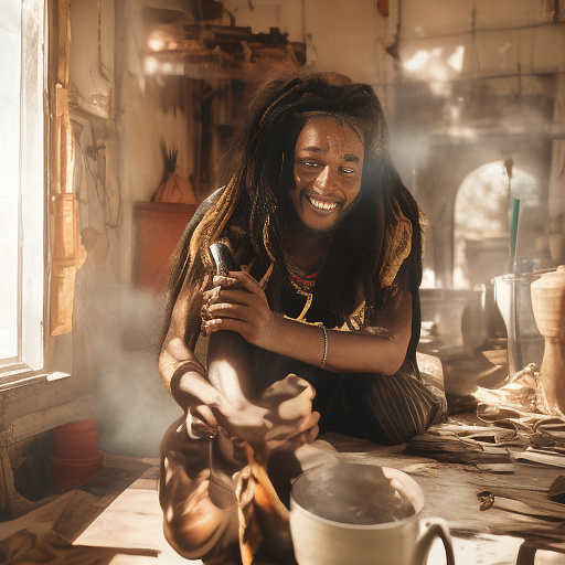 A black rastafarian is sitting on a worktable, smiling happily and smoking. the room is smoky. in custom style