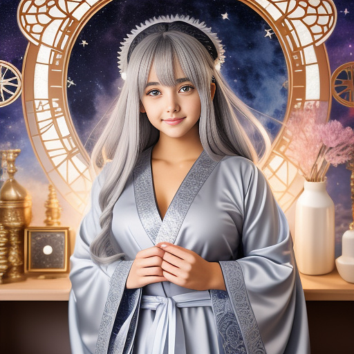 A cute young woman (gray haired) (mystical robes with intricate star designs) is in her workshop with many star observation tools and a huge tome of astrological signs before her
 in anime style