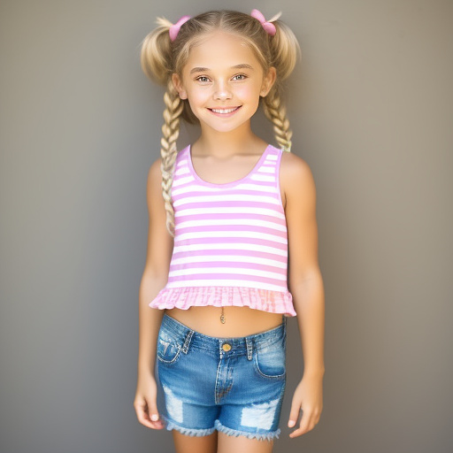 9-year-old caucasian white girl, pink striped tank top, cute, long blonde hair, denim shorts  in custom style