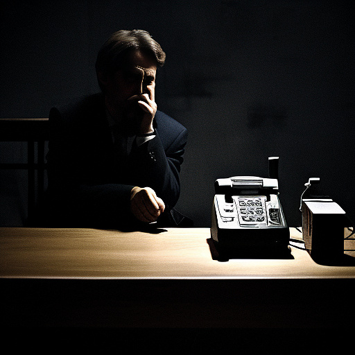 In a dark room, there is a telephone and a gun on the table. a man is sitting on a chair, and he is dead. in custom style