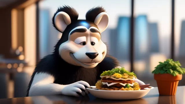 Man transforming into an anthropomorphic skunk with tacos  in disney 3d style
