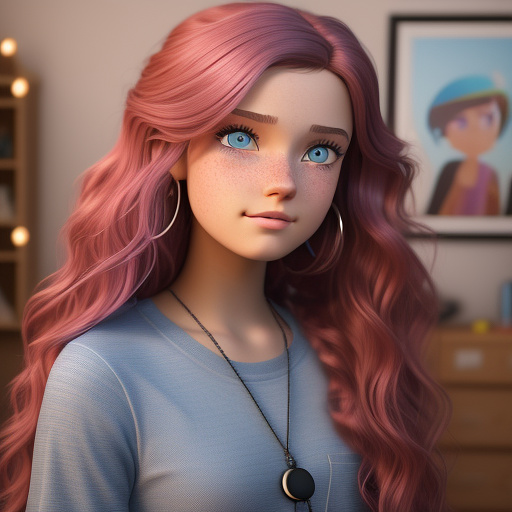 A thirteen year old girl with blue eyes, pink long wavy hair, has freckles, has lots of piercings and is wearing a black shirt, and is a tomboy in disney 3d style