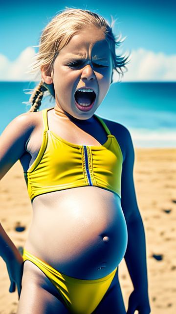 Realistic, detailed, pregnant, 7 years old white boy, yellow swimwear, beach, blonde, screaming in pain in custom style