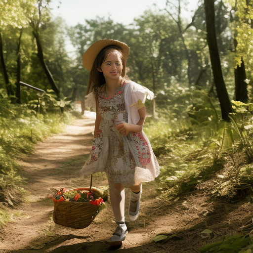 A 9-year-old girl is skipping along a forest path. she has a basket in her hands and a sun hat on her head. in custom style