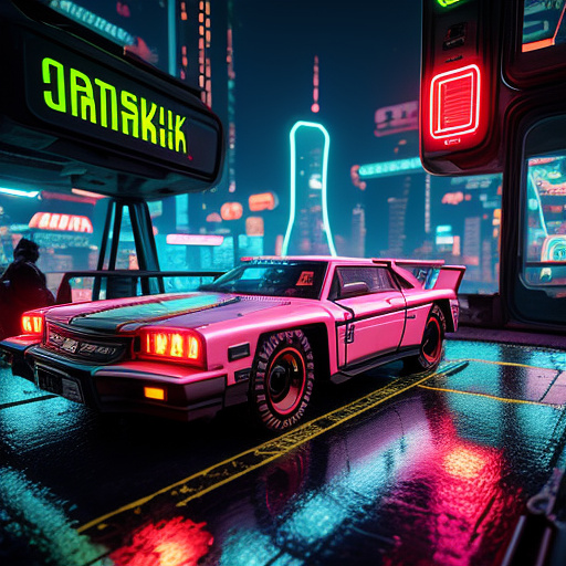 Make a spaceship bus and driver  in cyberpunk style
